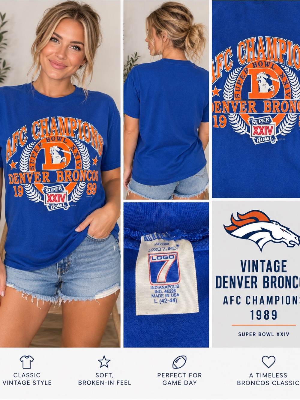 Vintage 1989 Denver Broncos AFC Champions Super Bowl XXIV Logo 7 Shirt L